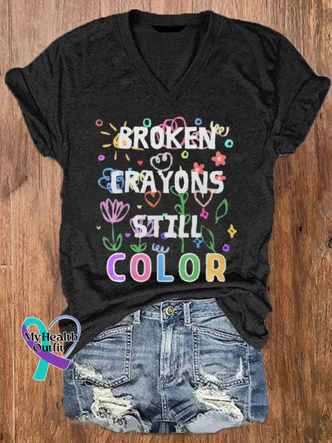 Women’s Broken Crayons Still Color Mental Health Printed V-Neck T-Shirt Black / S