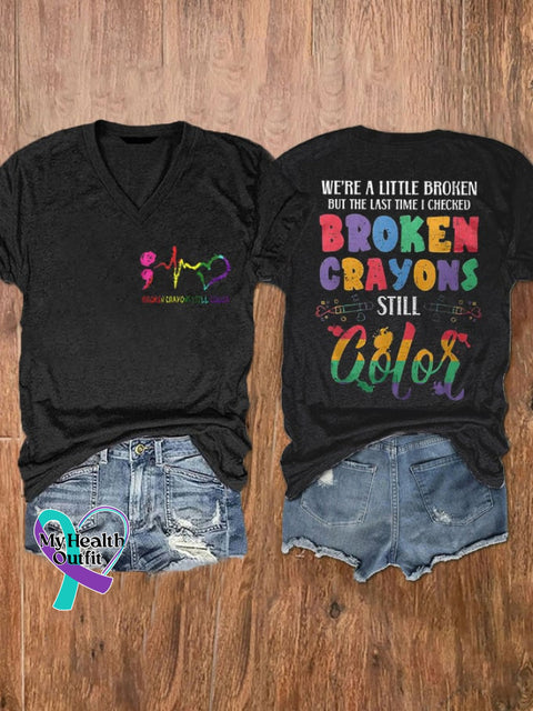 Women’s Broken Crayons Still Color Mental Health Printed V-Neck T-Shirt Black / S