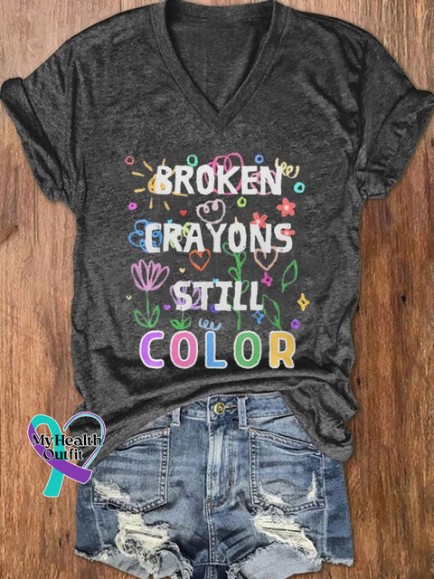 Women’s Broken Crayons Still Color Mental Health Printed V-Neck T-Shirt Dark Grey / S