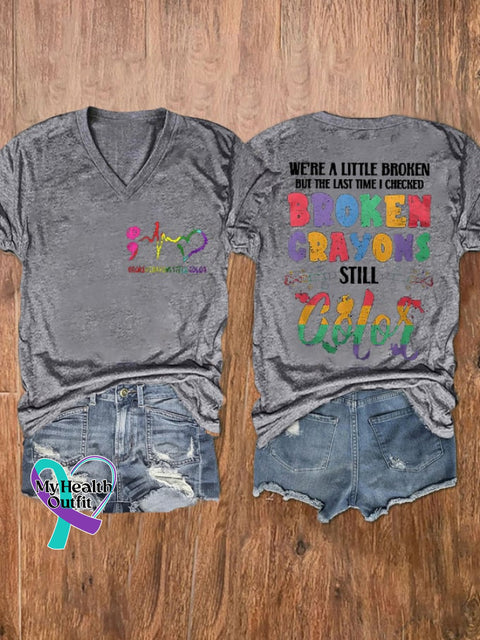 Women’s Broken Crayons Still Color Mental Health Printed V-Neck T-Shirt Light Grey / S