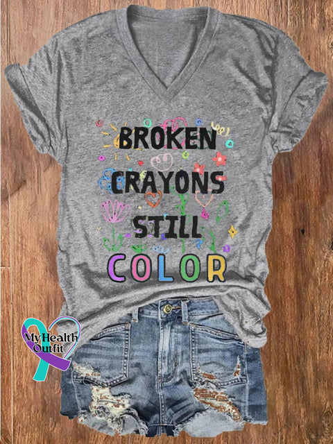 Women’s Broken Crayons Still Color Mental Health Printed V-Neck T-Shirt Light Grey / S