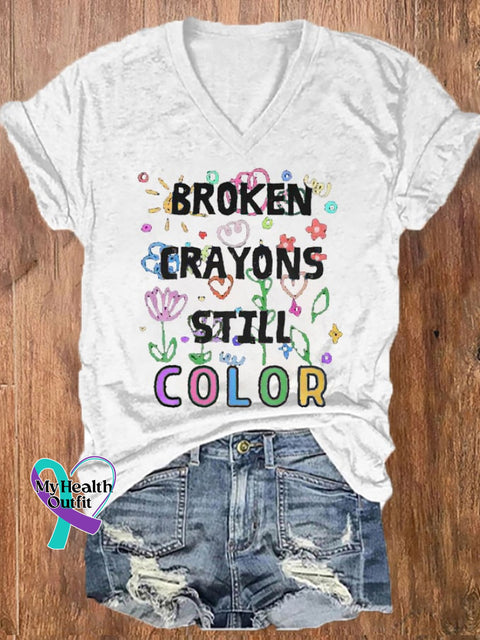 Women’s Broken Crayons Still Color Mental Health Printed V-Neck T-Shirt White / S