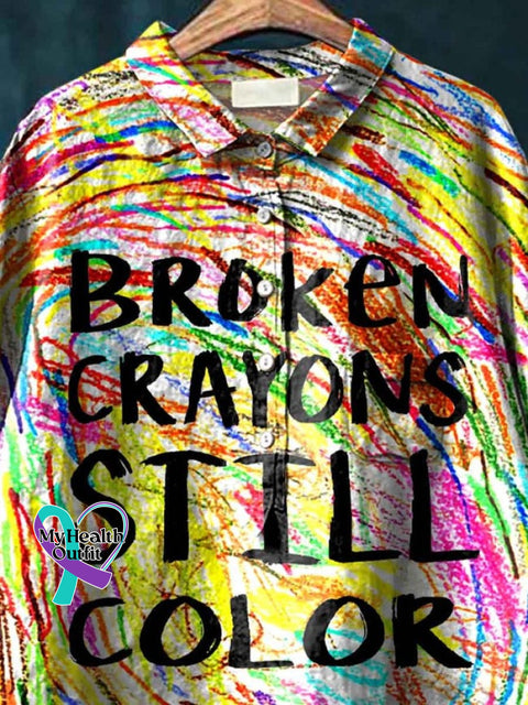 Women’s Broken Crayons Still Color Print Casual Cotton And Linen Shirt