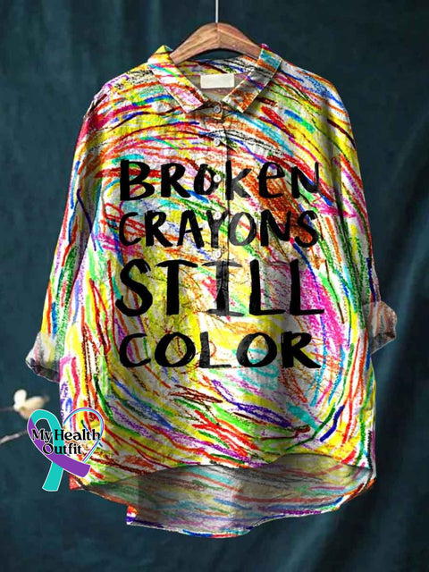 Women’s Broken Crayons Still Color Print Casual Cotton And Linen Shirt / S