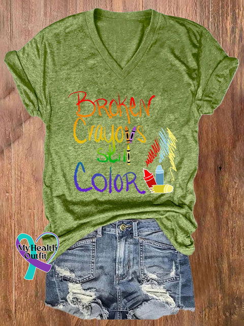 Women’s Broken Crayons Still Color Print Casual T-Shirt Green / S