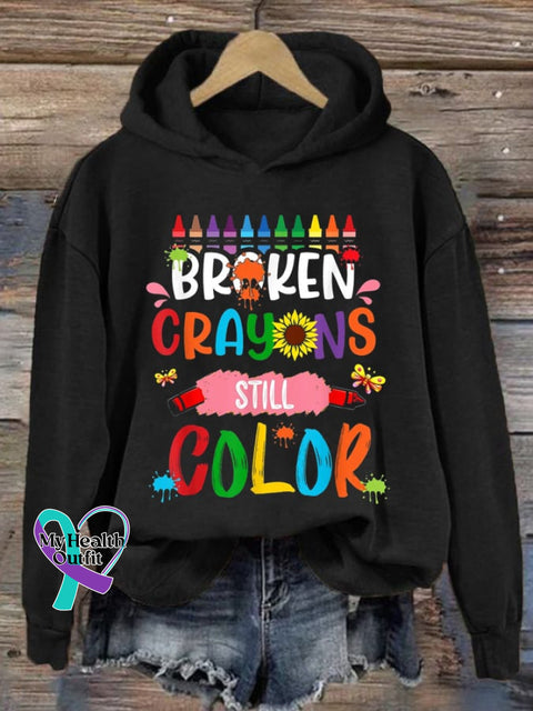 Women’s Broken Crayons Still Color Print Hoodie Long Sleeve Sweatshirt Black / S
