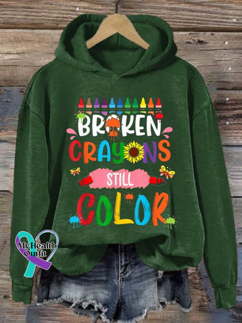 Women’s Broken Crayons Still Color Print Hoodie Long Sleeve Sweatshirt Green / S