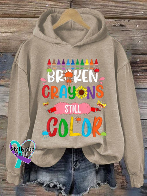 Women’s Broken Crayons Still Color Print Hoodie Long Sleeve Sweatshirt Khaki / S