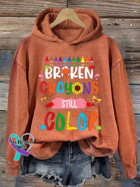 Women’s Broken Crayons Still Color Print Hoodie Long Sleeve Sweatshirt Orange / S