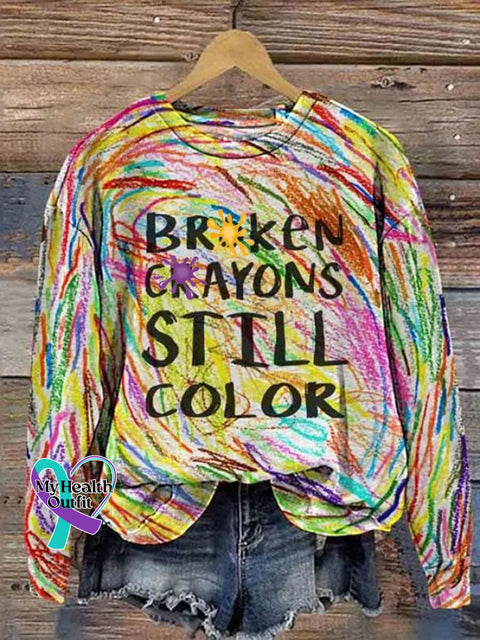 Women’s Broken Crayons Still Color Print Round Neck Long Sleeve Sweatshirt As Shown / S