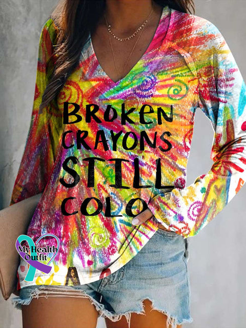 Women’s Broken Crayons Still Color Print V Neck Long Sleeve Tops Color / S