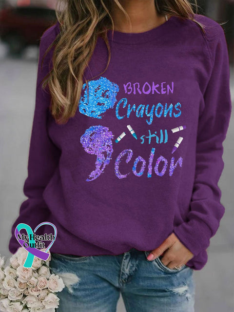 Women’s Broken Crayons Still Color Suicide Prevention Awareness Print Sweatshirt Purple / S
