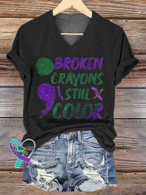 Women’s Broken Crayons Still Color SUICIDE PREVENTION AWARENESS V-neck Casual T-Shirt Black / S