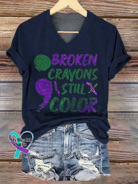 Women’s Broken Crayons Still Color SUICIDE PREVENTION AWARENESS V-neck Casual T-Shirt Blue / S