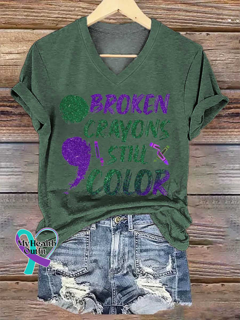 Women’s Broken Crayons Still Color SUICIDE PREVENTION AWARENESS V-neck Casual T-Shirt Green / S