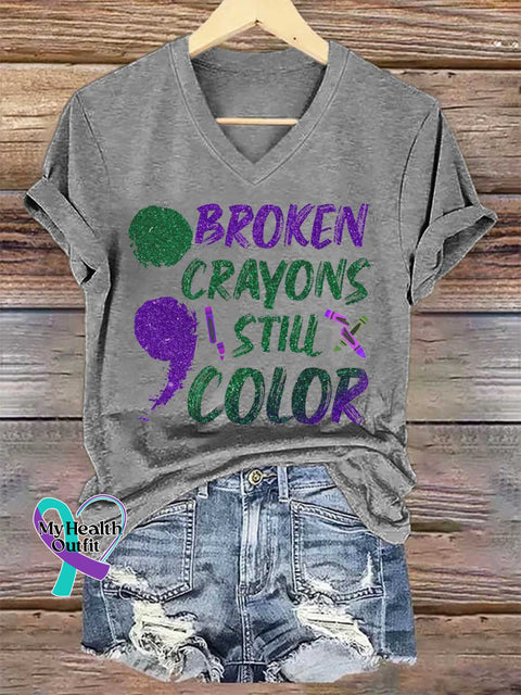Women’s Broken Crayons Still Color SUICIDE PREVENTION AWARENESS V-neck Casual T-Shirt Grey / S