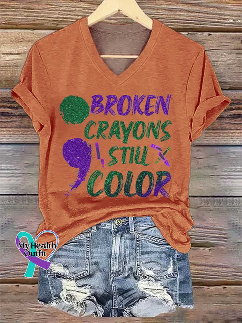 Women’s Broken Crayons Still Color SUICIDE PREVENTION AWARENESS V-neck Casual T-Shirt Orange / S