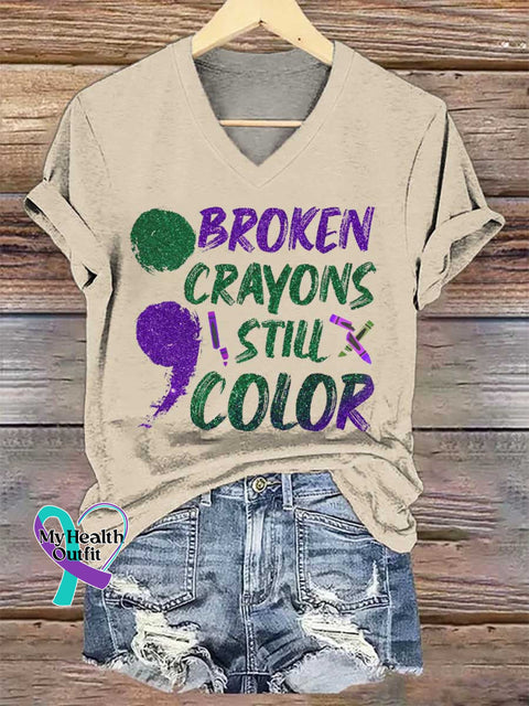 Women’s Broken Crayons Still Color SUICIDE PREVENTION AWARENESS V-neck Casual T-Shirt Sand / S