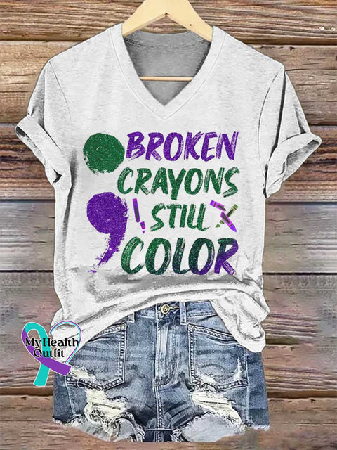 Women’s Broken Crayons Still Color SUICIDE PREVENTION AWARENESS V-neck Casual T-Shirt White / S