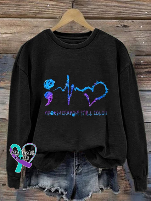 Women’s Broken Crayons Still Color Suicide Prevention Print Casual Sweatshirt Black / S