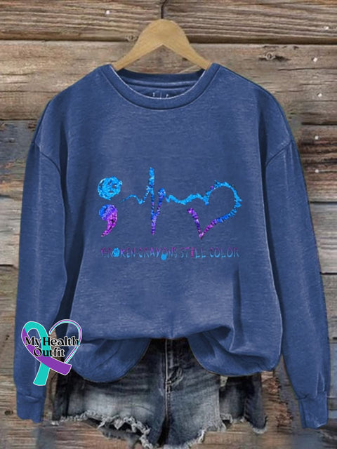 Women’s Broken Crayons Still Color Suicide Prevention Print Casual Sweatshirt Blue / S