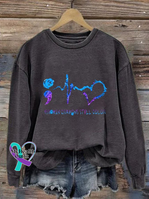 Women’s Broken Crayons Still Color Suicide Prevention Print Casual Sweatshirt Dark Grey / S