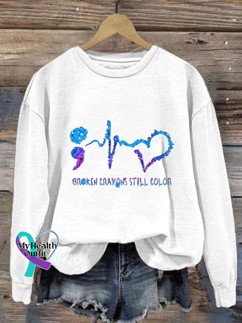 Women’s Broken Crayons Still Color Suicide Prevention Print Casual Sweatshirt White / S
