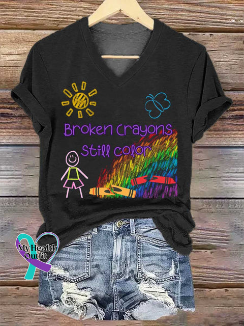 Women’s Broken Crayons Still Color V-neck Casual T-Shirt Black / S