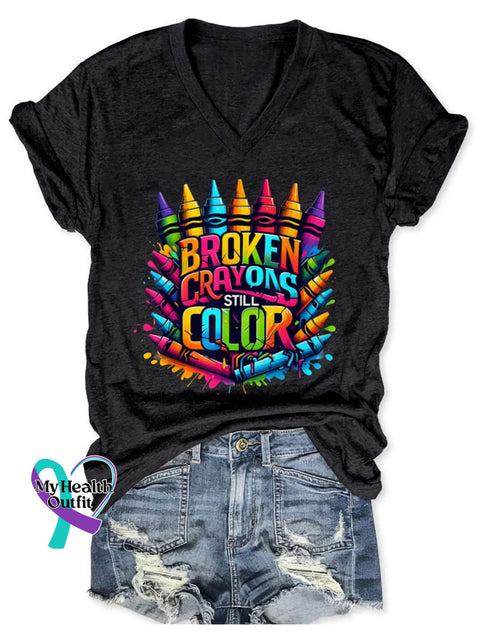 Women’s Broken Crayons Still Color V-Neck Casual T-Shirt Black / S