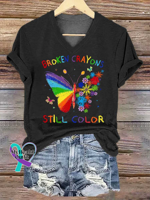 Women’s Broken Crayons Still Color V-neck Casual T-Shirt Black / S