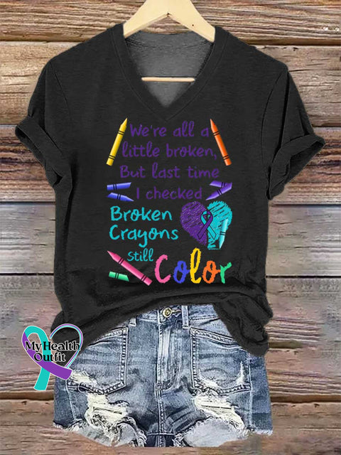 Women’s Broken Crayons Still Color V-neck Casual T-Shirt Black / S