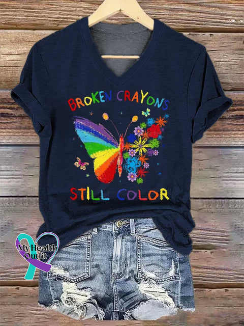 Women’s Broken Crayons Still Color V-neck Casual T-Shirt Blue / S