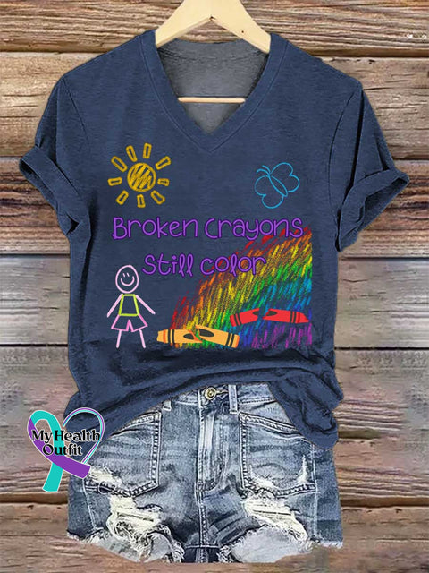 Women’s Broken Crayons Still Color V-neck Casual T-Shirt Blue / S