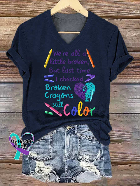 Women’s Broken Crayons Still Color V-neck Casual T-Shirt Blue / S