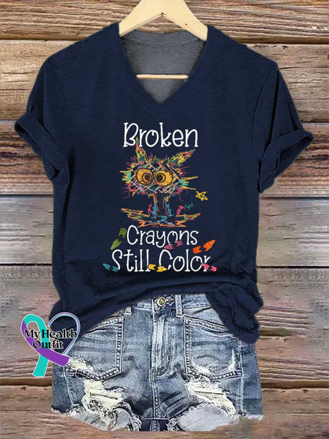 Women’s Broken Crayons Still Color V-neck Casual T-Shirt Blue / S
