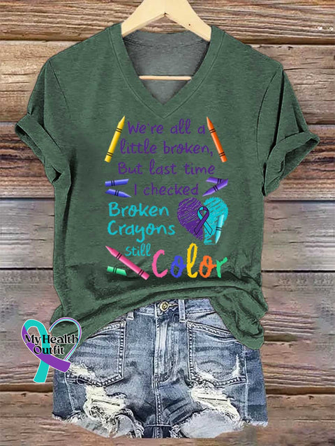Women’s Broken Crayons Still Color V-neck Casual T-Shirt Green / S