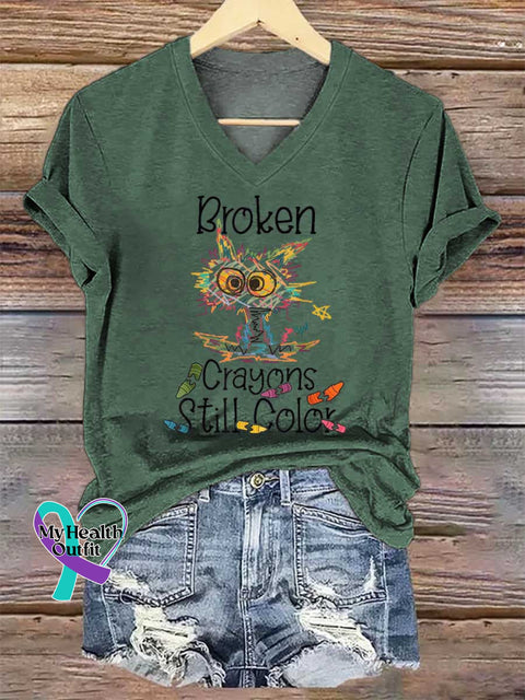 Women’s Broken Crayons Still Color V-neck Casual T-Shirt Green / S