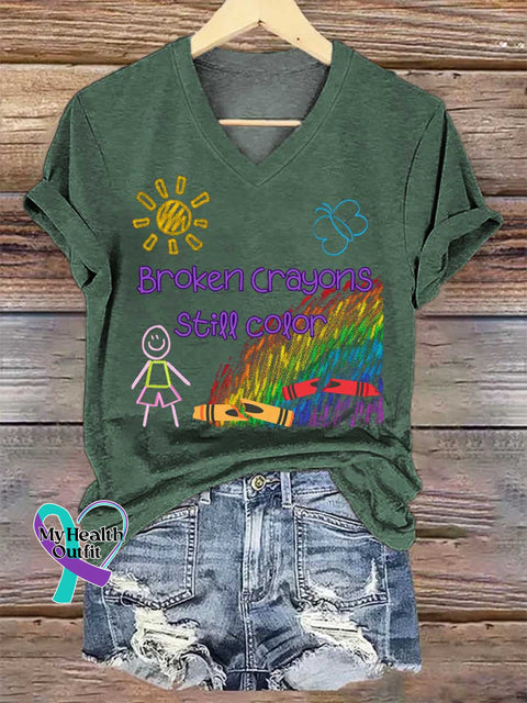 Women’s Broken Crayons Still Color V-neck Casual T-Shirt Green / S