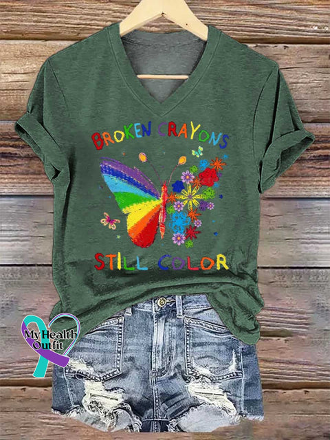 Women’s Broken Crayons Still Color V-neck Casual T-Shirt Green / S