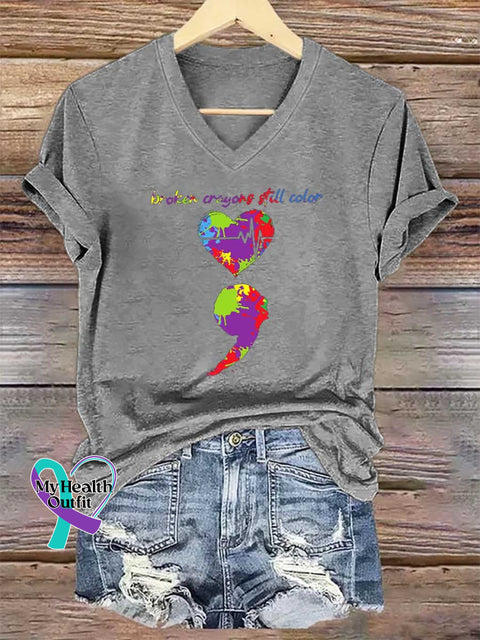 Women’s Broken Crayons Still Color V-neck Casual T-Shirt Grey / S