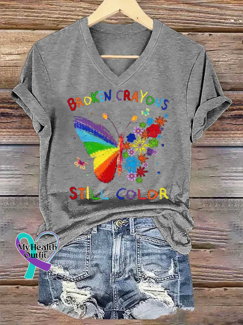 Women’s Broken Crayons Still Color V-neck Casual T-Shirt Grey / S