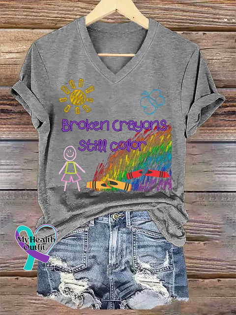 Women’s Broken Crayons Still Color V-neck Casual T-Shirt Grey / S