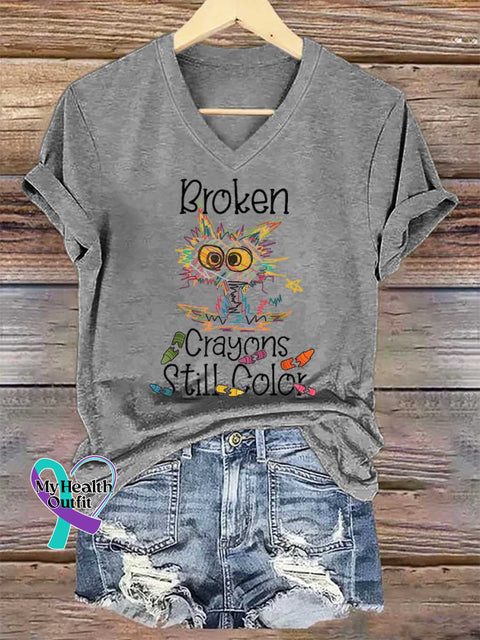 Women’s Broken Crayons Still Color V-neck Casual T-Shirt Grey / S