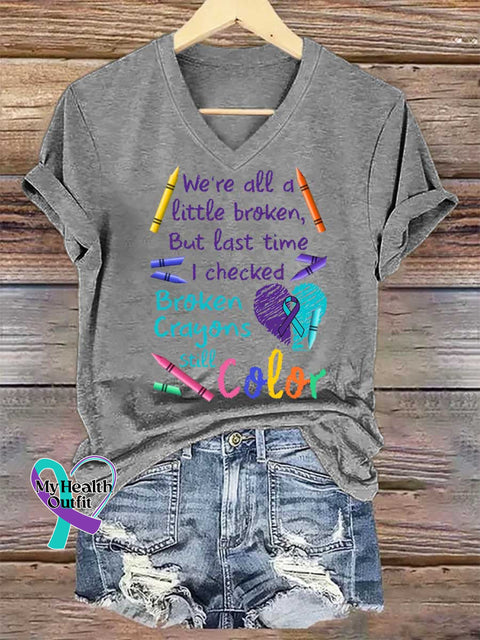 Women’s Broken Crayons Still Color V-neck Casual T-Shirt Grey / S