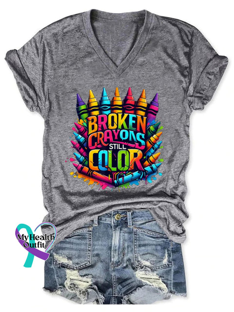 Women’s Broken Crayons Still Color V-Neck Casual T-Shirt Grey / S