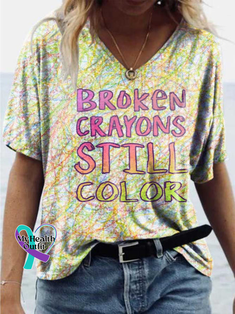 Women’s Broken Crayons Still Color V-neck Casual T-Shirt Multicolor / S