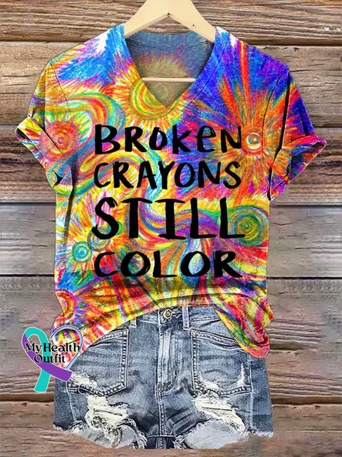 Women’s Broken Crayons Still Color V-neck Casual T-Shirt Multicolor / S
