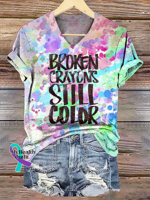 Women’s Broken Crayons Still Color V-neck Casual T-Shirt Multicolor / S