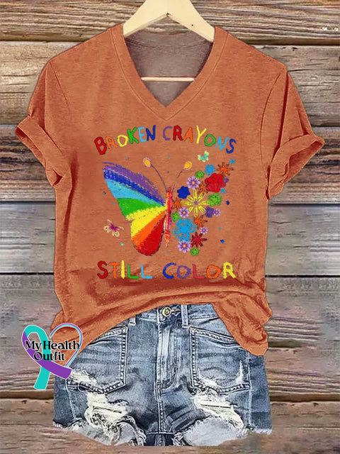 Women’s Broken Crayons Still Color V-neck Casual T-Shirt Orange / S