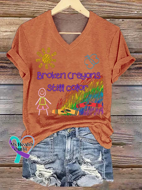 Women’s Broken Crayons Still Color V-neck Casual T-Shirt Orange / S